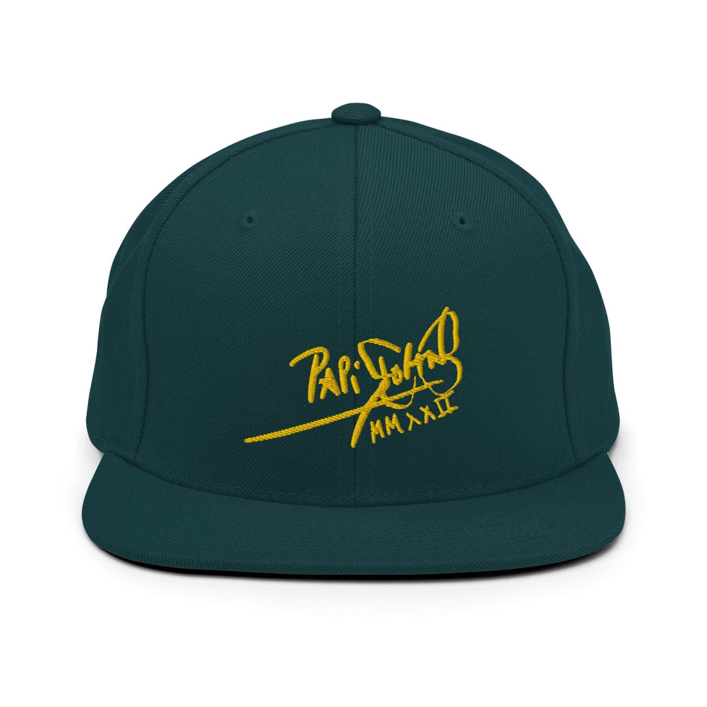 PapiJohn® The Gold Signature Classic Snapback in dark spruce green front layout highlighting the bold metallic gold script over the structured canvas | Sala 1 Wearable Art Fashion
