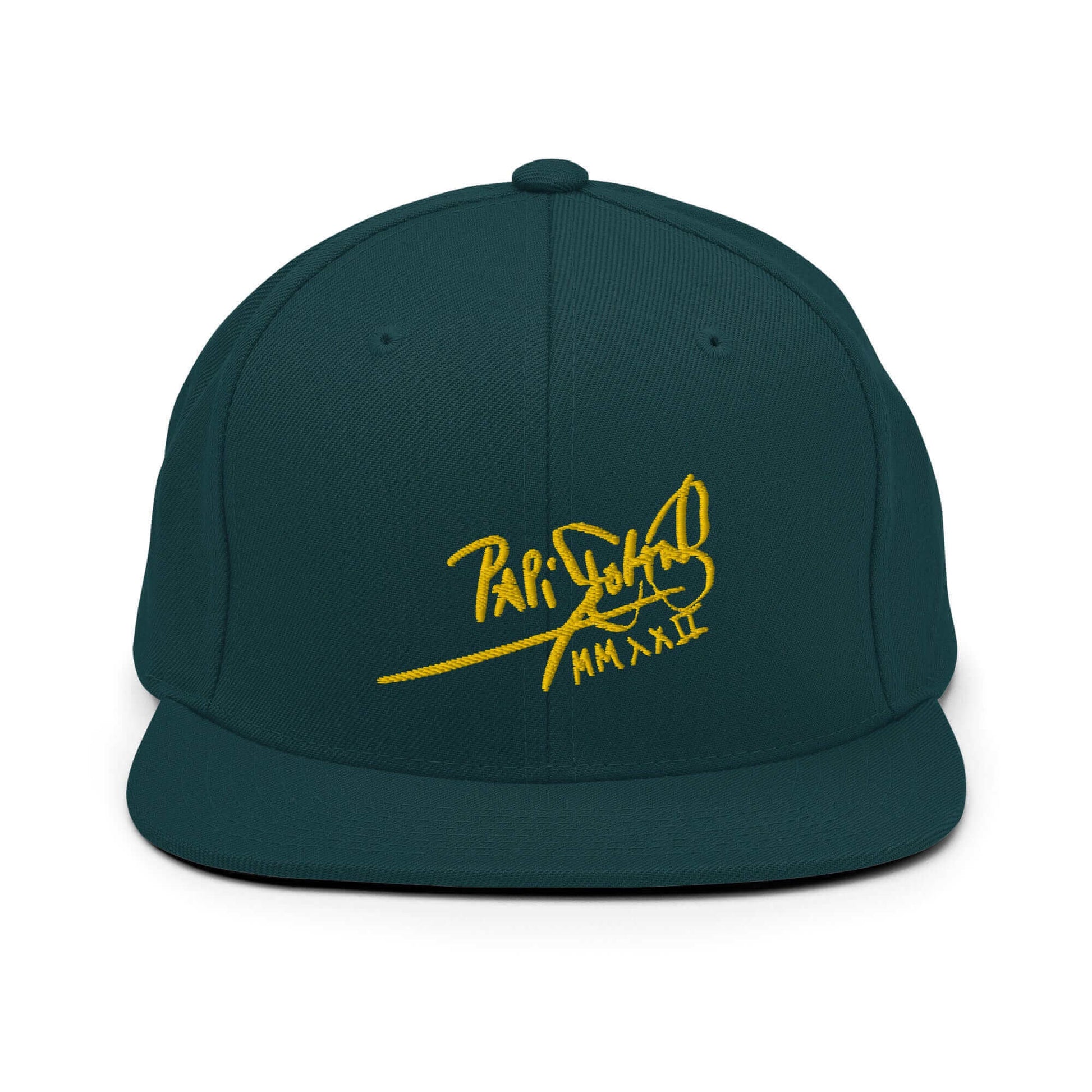 PapiJohn® The Gold Signature Classic Snapback in dark spruce green front layout highlighting the bold metallic gold script over the structured canvas | Sala 1 Wearable Art Fashion