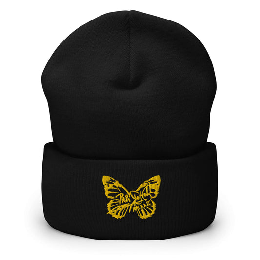 PapiJohn® The Golden Signature Cuffed Beanie premium headwear in solid black knit fabric front view displaying the iconic signature butterfly layout meticulously embroidered in genuine metallic gold thread | Sala 1 Minimalist Luxury 