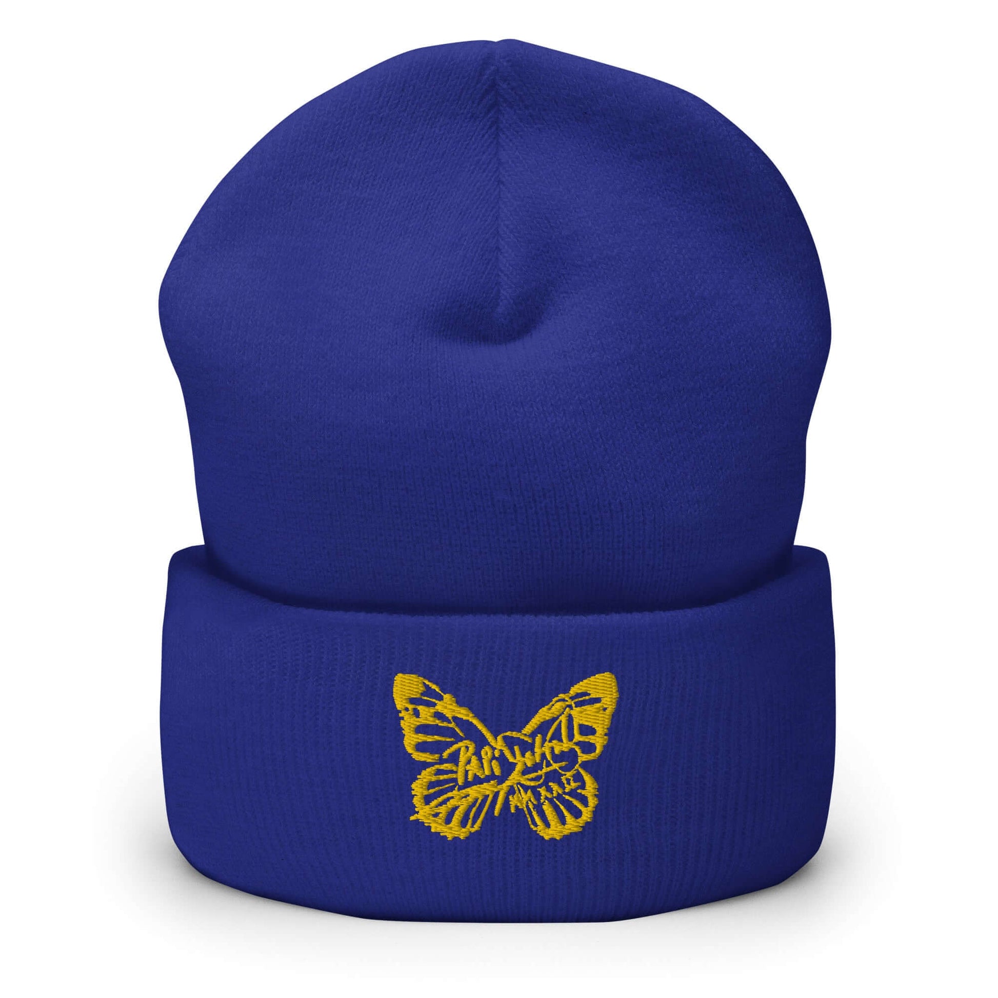 PapiJohn® The Golden Signature Cuffed Beanie premium headwear in vibrant royal blue front view highlighting the striking contrast layout of the classic signature butterfly embroidered in genuine metallic gold thread | Elevated Street-Couture 