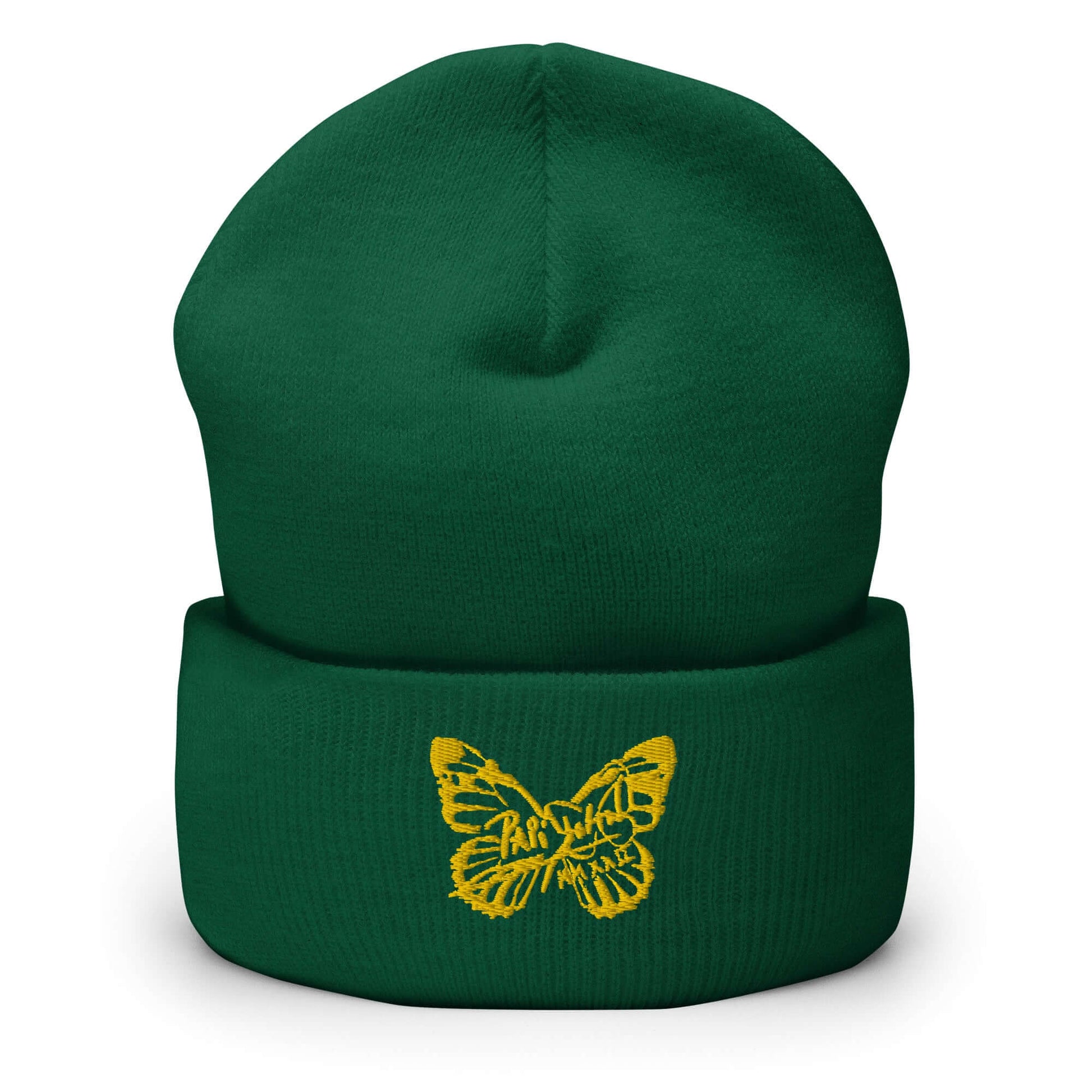 PapiJohn® The Golden Signature Cuffed Beanie premium headwear in deep spruce green fabric front view focusing on the rich fine knit texture and the golden metallic thread embroidered signature butterfly layout | Artist-Driven Luxury