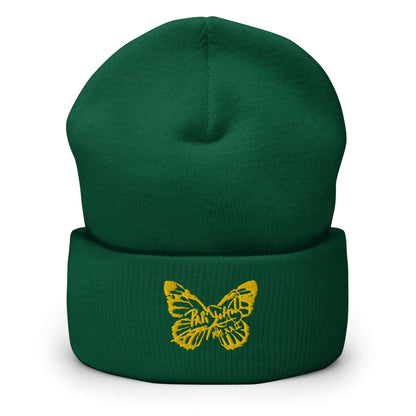PapiJohn® The Golden Signature Cuffed Beanie premium headwear in deep spruce green fabric front view focusing on the rich fine knit texture and the golden metallic thread embroidered signature butterfly layout | Artist-Driven Luxury
