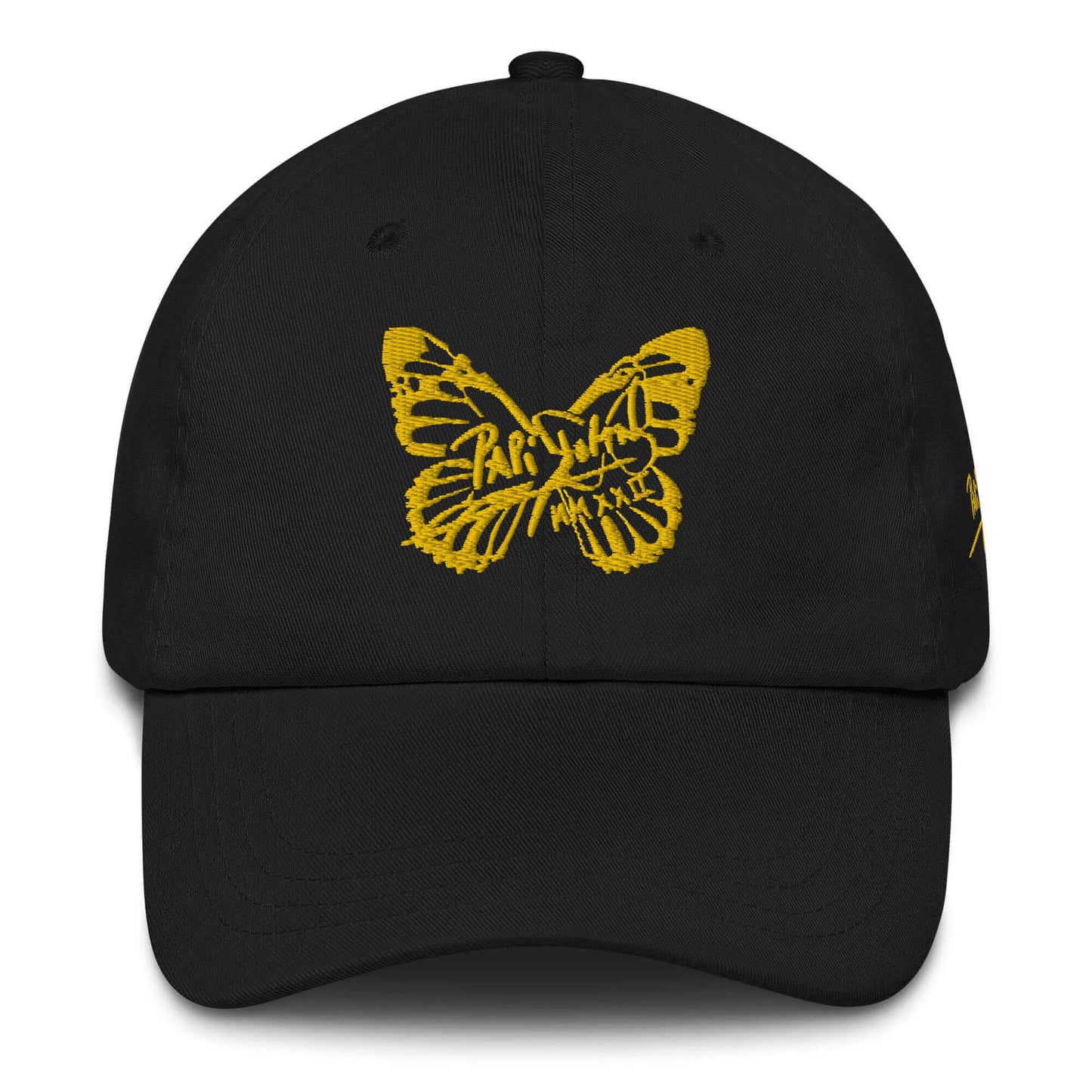 PapiJohn® The Golden Signature Rinnascimiento Crown structural canvas front view focusing on the signature butterfly motif beautifully embroidered in genuine metallic gold thread | Sala 1 Wearable Art Fashion