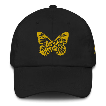 PapiJohn® The Golden Signature Rinnascimiento Crown structural canvas front view focusing on the signature butterfly motif beautifully embroidered in genuine metallic gold thread | Sala 1 Wearable Art Fashion
