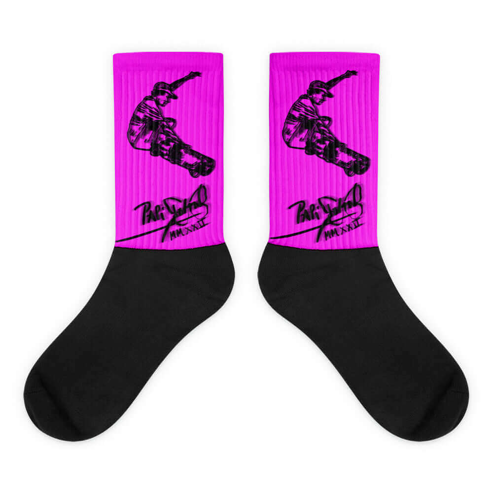 PapiJohn® Neon Pink Signature Studio Essentials black foot sublimated socks showcasing high-contrast electric neon pink artwork and solid black house branding by $arah Free 💎 | Wearable Art Fashion