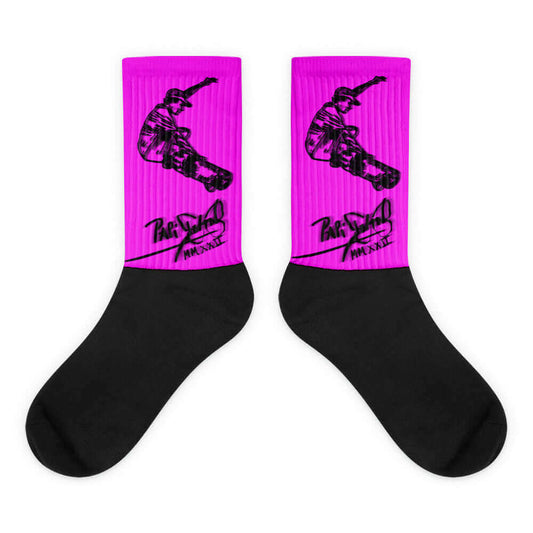 PapiJohn® Neon Pink Signature Studio Essentials black foot sublimated socks showcasing high-contrast electric neon pink artwork and solid black house branding by $arah Free 💎 | Wearable Art Fashion