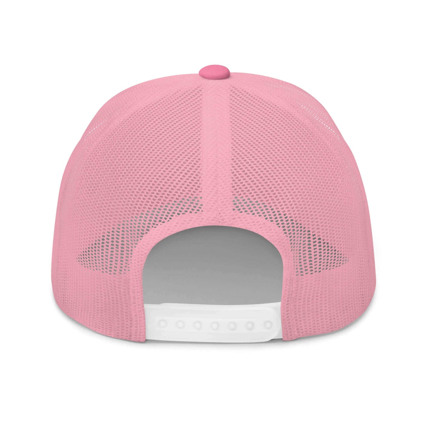 PapiJohn® The Pink Retro Butterfly Cadifornia Edition Trucker crown in solid vibrant pink back view displaying the premium breathable mesh panels layout and retro snapback adjustable strap | Artist-Led Streetwear