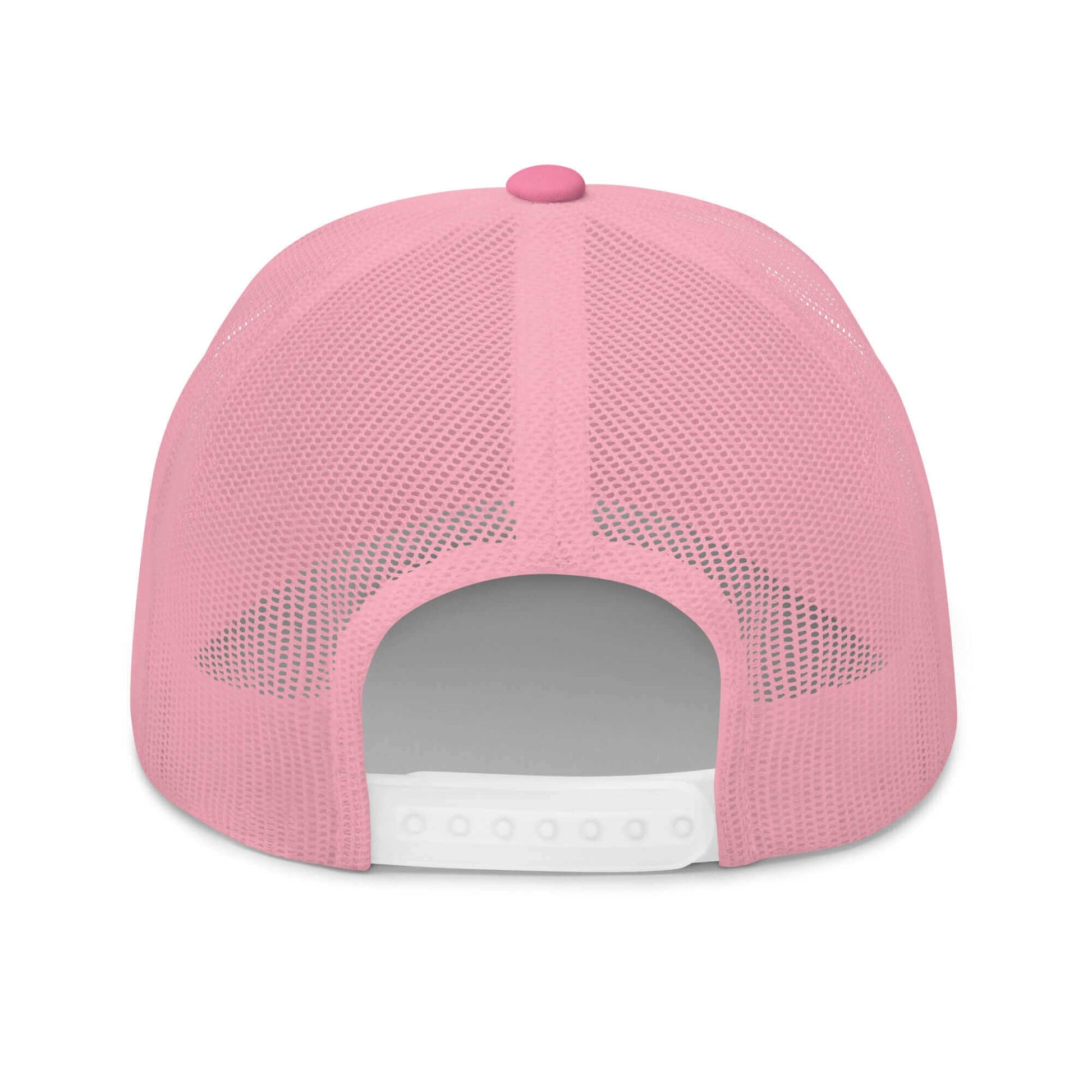 PapiJohn® The Pink Retro Butterfly Cadifornia Edition Trucker crown in solid vibrant pink back view displaying the premium breathable mesh panels layout and retro snapback adjustable strap | Artist-Led Streetwear