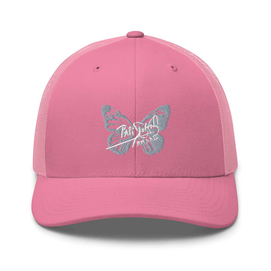 PapiJohn® The Pink Retro Butterfly Cadifornia Edition Trucker crown in solid vibrant pink front view showcasing the pristine pure white butterfly motif embroidered in heavy high-density 3D relief | Sala 1 Wearable Art Fashion