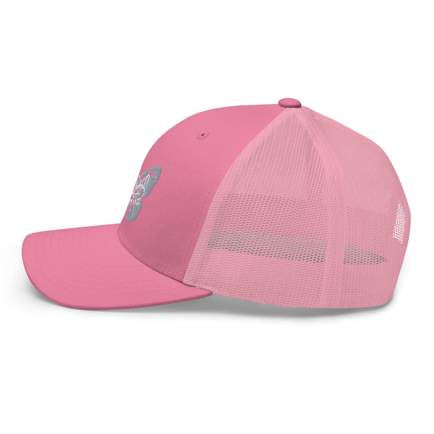 PapiJohn® The Pink Retro Butterfly Cadifornia Edition Trucker crown in solid vibrant pink left side profile tracking the mid-profile structured panels height and original Permacurv bill curvature line | Streetwear d'Auteur