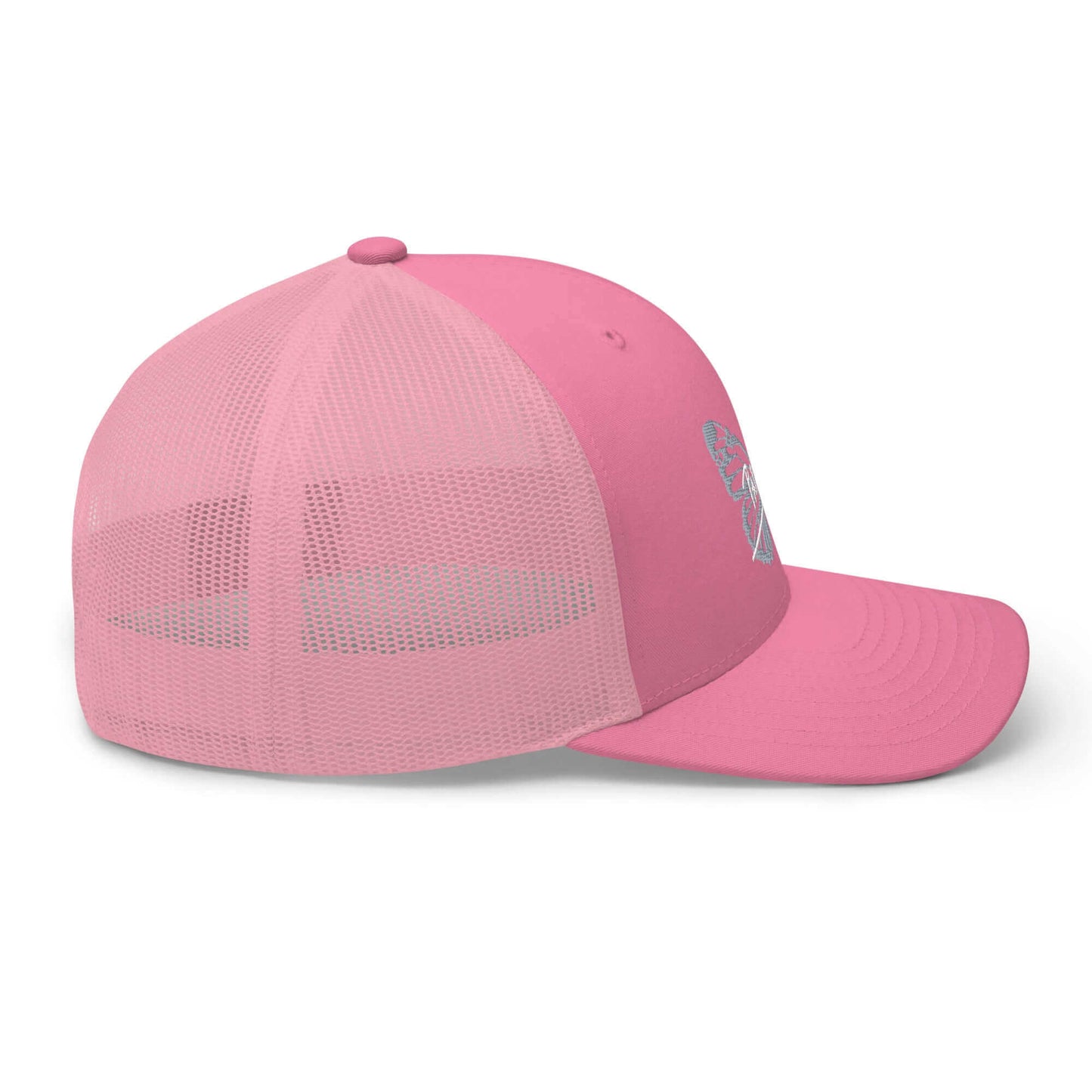PapiJohn® The Pink Retro Butterfly Cadifornia Edition Trucker crown in solid vibrant pink right side profile highlighting the precise mesh seam stitching lines and flawless cotton crown alignment by $arah Free 💎 | High-Tier Archive