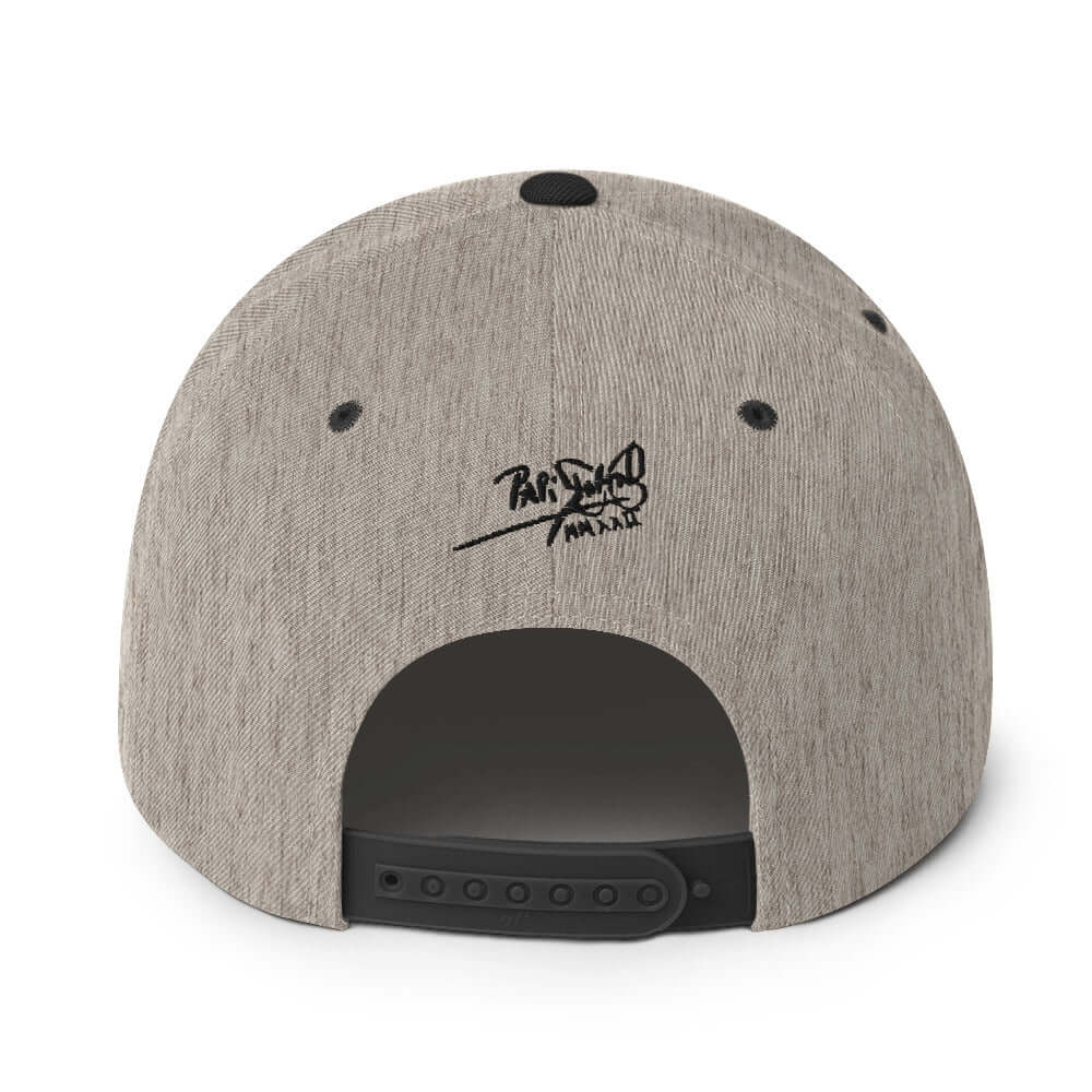 PapiJohn® The Respect Archive Black Signature Edition Snapback in black heather back perspective mapping the clean multi-panel intersections and snap strap | Artist-Led Streetwear