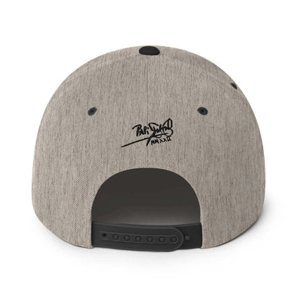 PapiJohn® The Respect Archive Black Signature Edition Snapback in black heather back perspective mapping the clean multi-panel intersections and snap strap | Artist-Led Streetwear
