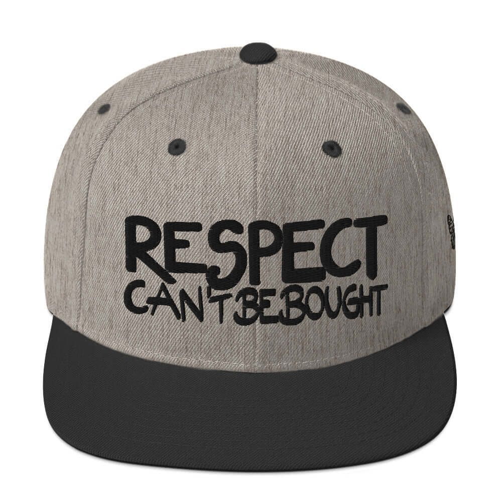 PapiJohn® The Respect Archive Black Signature Edition Snapback in black heather front view rendering the deep texture blend under the heavy black 3D stitch script | Sala 1 Wearable Art Fashion