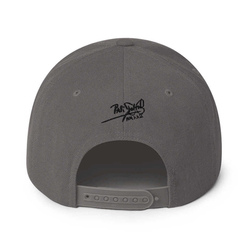 PapiJohn® The Respect Archive Black Signature Edition Snapback in dark grey back perspective highlighting the retro snap adjustment strap and panel seams | Artist-Led Streetwear