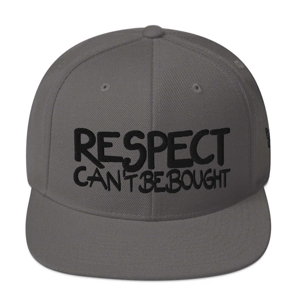 PapiJohn® The Respect Archive Black Signature Edition Snapback in dark grey front view tracking the deep black high-density tridimensional stitch layout | Sala 1 Wearable Art Fashion