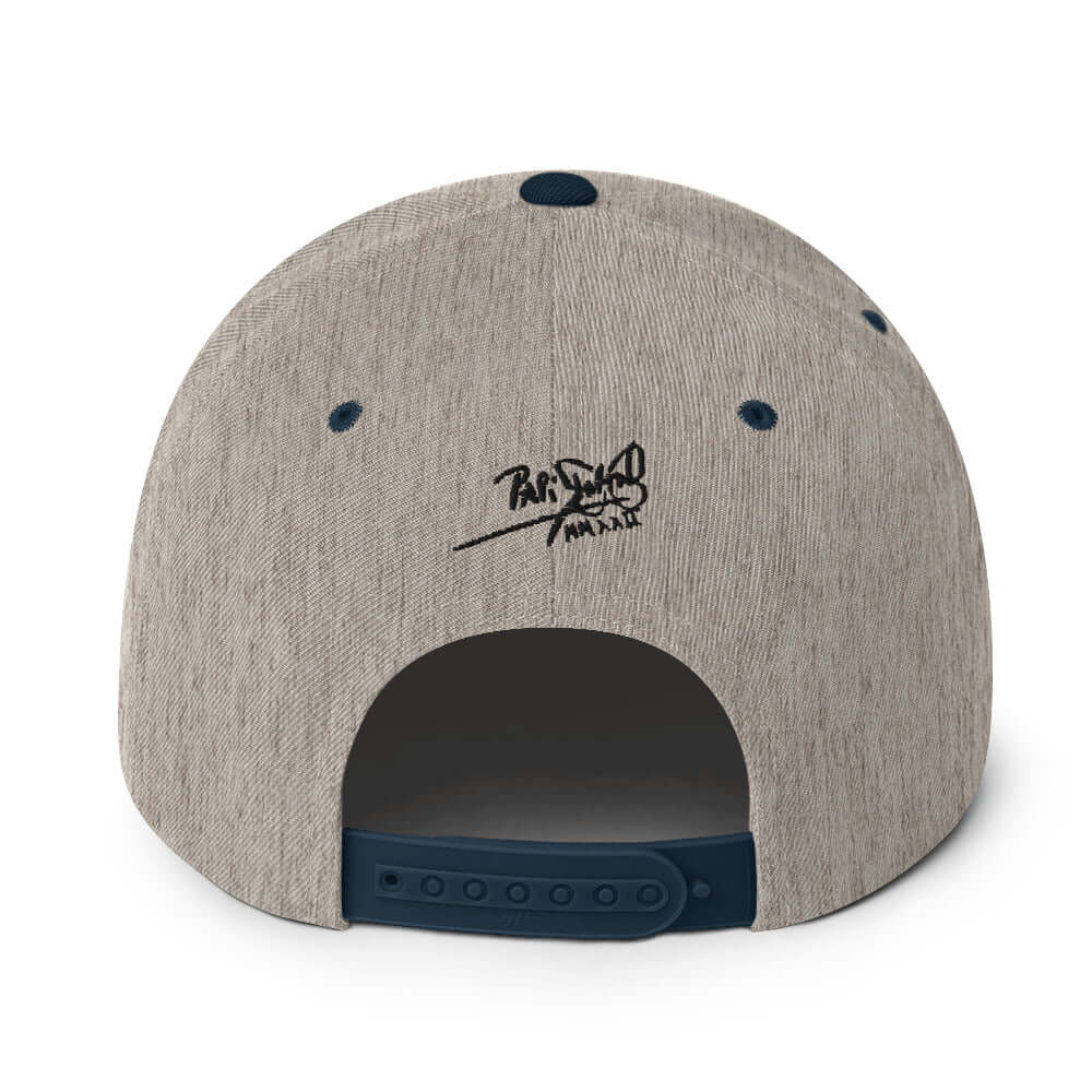 PapiJohn® The Respect Archive Black Signature Edition Snapback in grey and navy back layout tracing the premium panel adjustment system and neat stitching | Artist-Led Streetwear