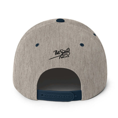 PapiJohn® The Respect Archive Black Signature Edition Snapback in grey and navy back layout tracing the premium panel adjustment system and neat stitching | Artist-Led Streetwear