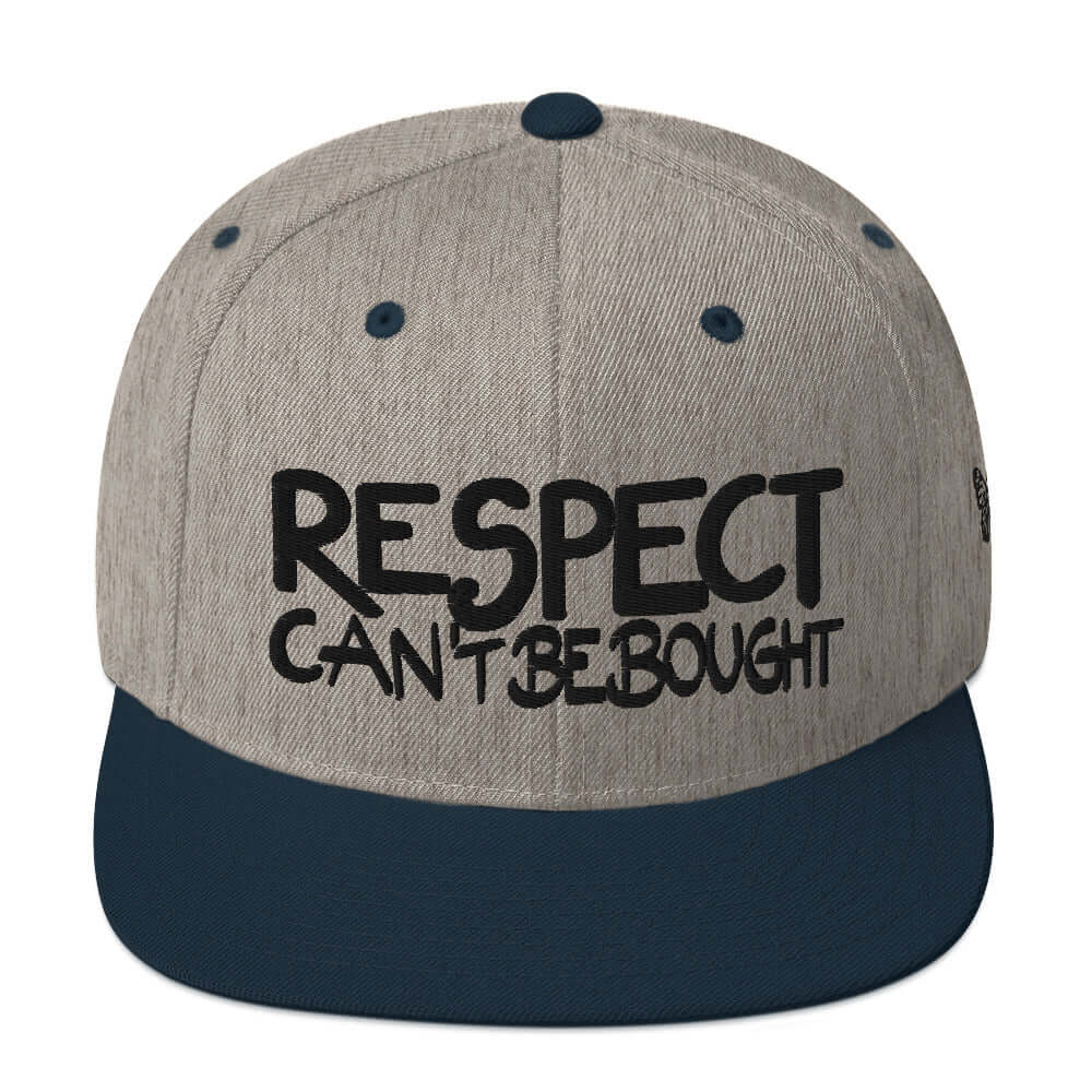 PapiJohn® The Respect Archive Black Signature Edition Snapback in grey and navy dual-tone panel front view accentuating the black 3D embroidery structure | Sala 1 Wearable Art Fashion
