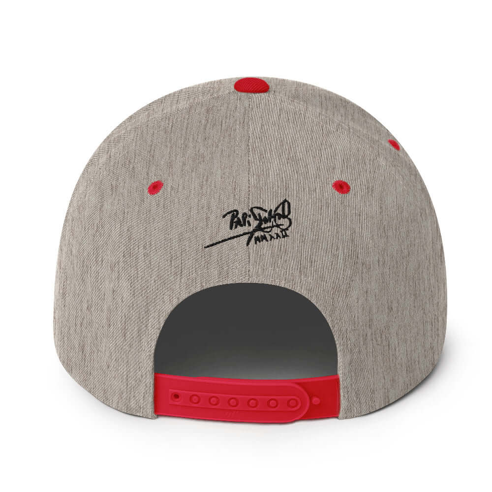PapiJohn® The Respect Archive Black Signature Edition Snapback in grey and red back perspective tracking the tailored reinforcement lines and retro closure hardware | Artist-Led Streetwear