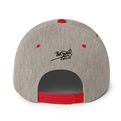 PapiJohn® The Respect Archive Black Signature Edition Snapback in grey and red back perspective tracking the tailored reinforcement lines and retro closure hardware | Artist-Led Streetwear