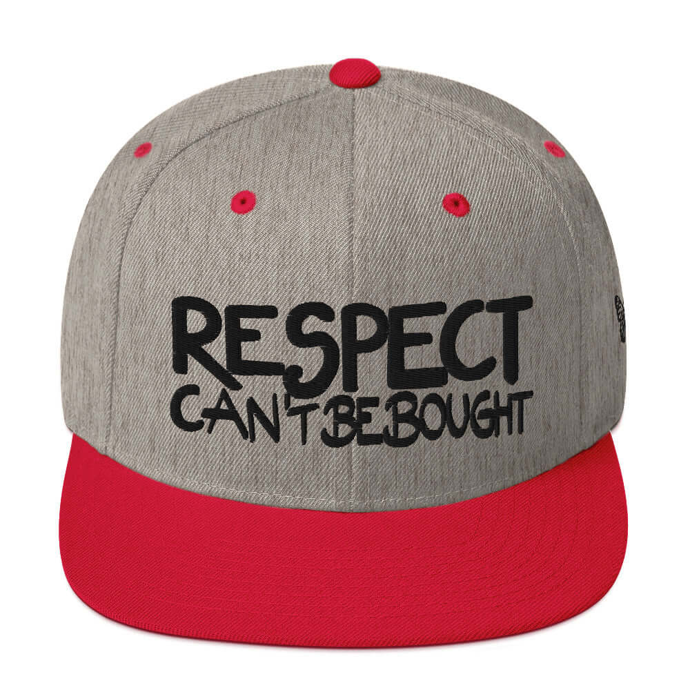 PapiJohn® The Respect Archive Black Signature Edition Snapback in grey and red contrast front view highlighting the bold black 3D volumetric stitch manifesto | Sala 1 Wearable Art Fashion