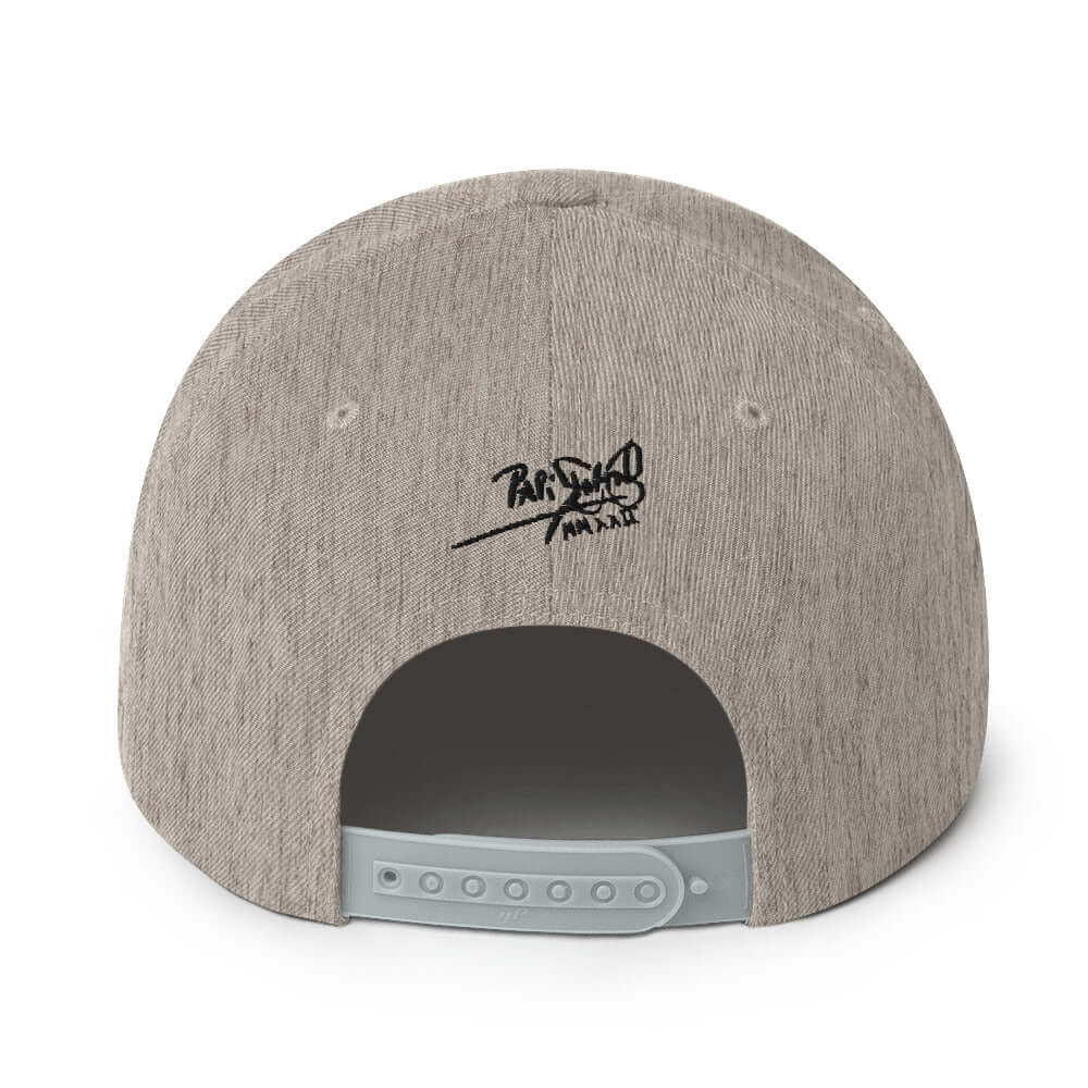 PapiJohn® The Respect Archive Black Signature Edition Snapback in monochromatic heather grey back view mapping the immaculate seam intersections and snap strap | Artist-Led Streetwear