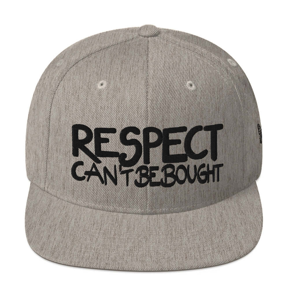 PapiJohn® The Respect Archive Black Signature Edition Snapback in monochromatic heather grey front view presenting the clean outline of the black 3D embroidery | Sala 1 Wearable Art Fashion