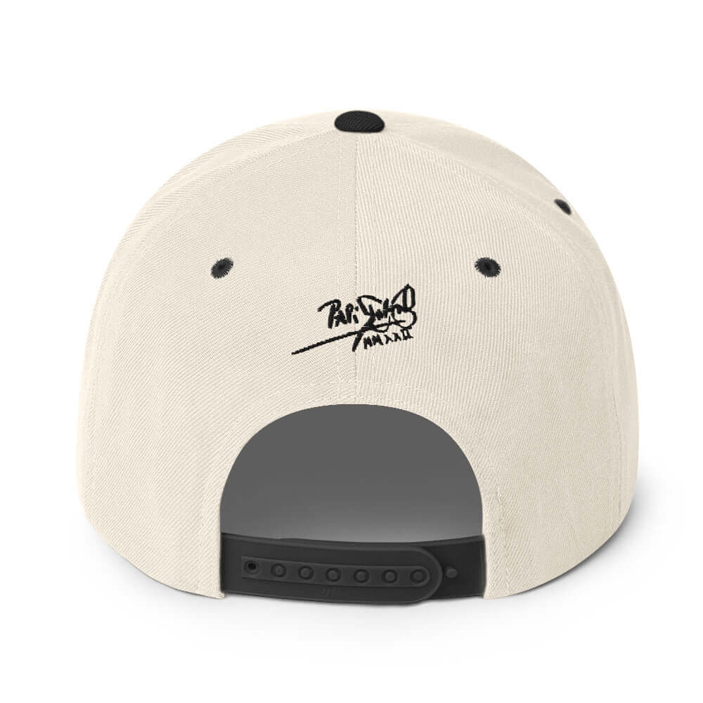 PapiJohn® The Respect Archive Black Signature Edition Snapback in natural raw tone back perspective tracking the perfect panel alignment and custom snap hardware | Artist-Led Streetwear