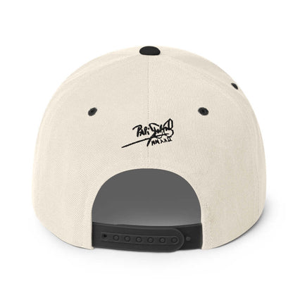 PapiJohn® The Respect Archive Black Signature Edition Snapback in natural raw tone back perspective tracking the perfect panel alignment and custom snap hardware | Artist-Led Streetwear