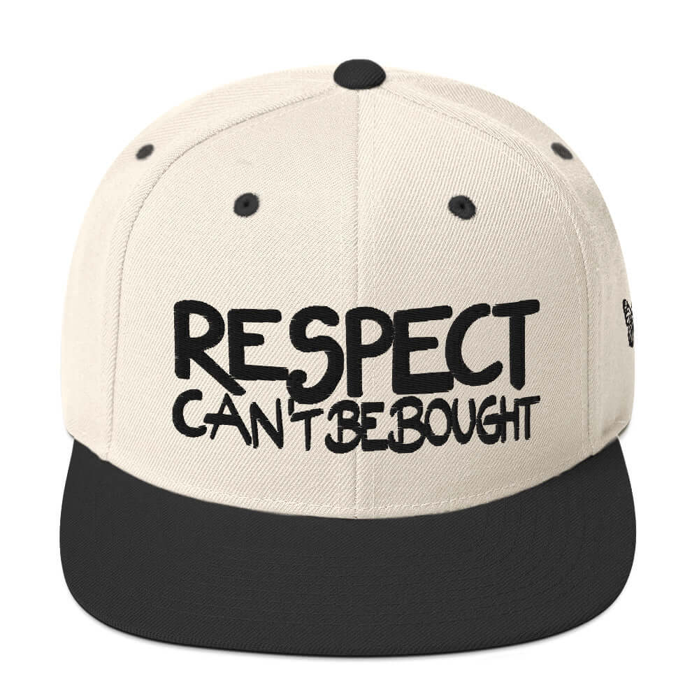 PapiJohn® The Respect Archive Black Signature Edition Snapback in natural raw tone and black front view highlighting the ultimate visceral contrast of the black 3D script | Sala 1 Wearable Art Fashion