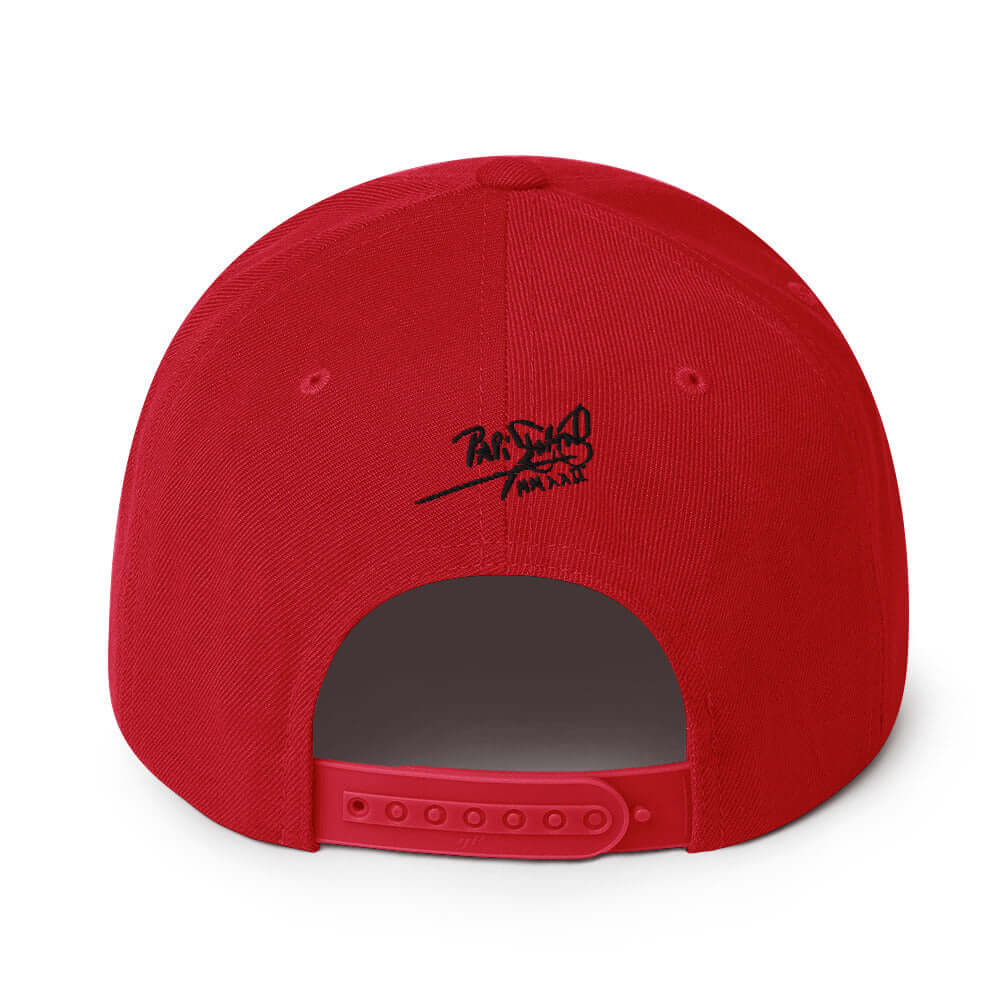 PapiJohn® The Respect Archive Black Signature Edition Snapback in crimson red back perspective mapping the clean stitch seams and adjustable sizing component | Artist-Led Streetwear