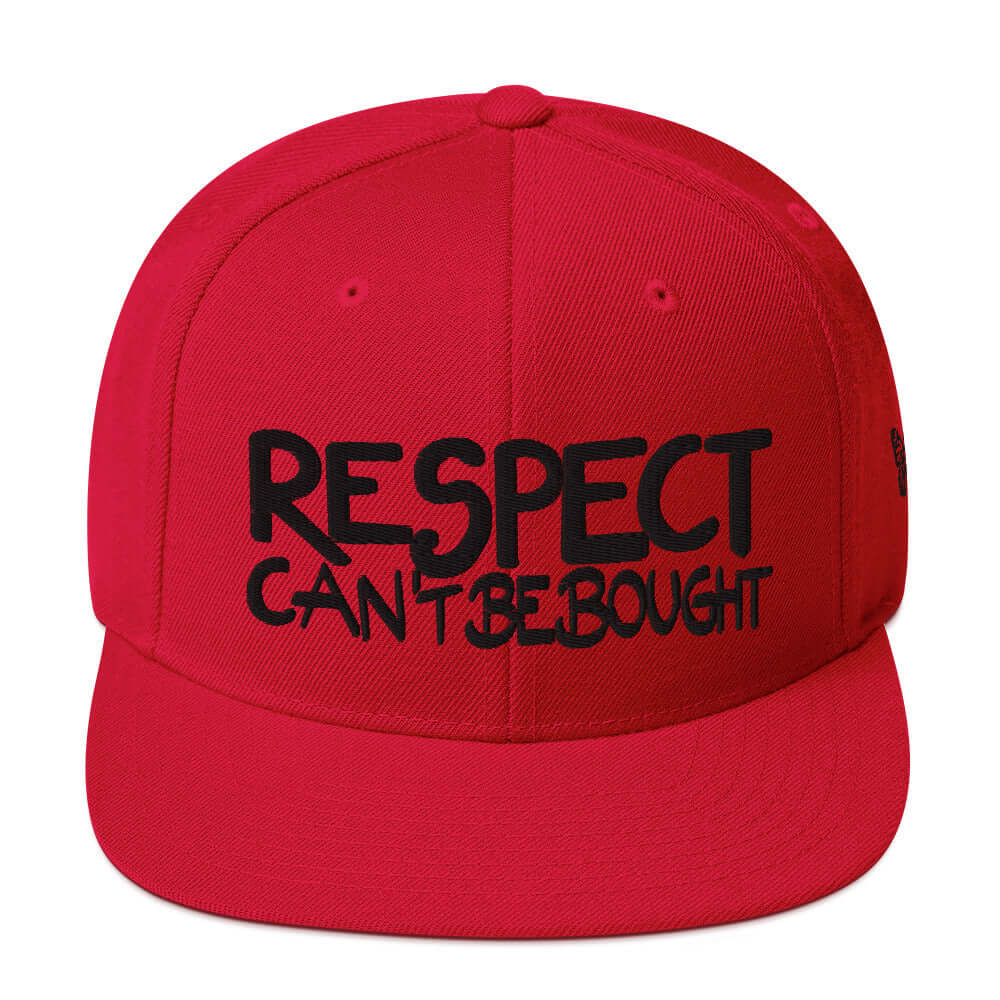 PapiJohn® The Respect Archive Black Signature Edition Snapback in crimson red front view showcasing the striking contrast of the black tridimensional script embroidery | Sala 1 Wearable Art Fashion