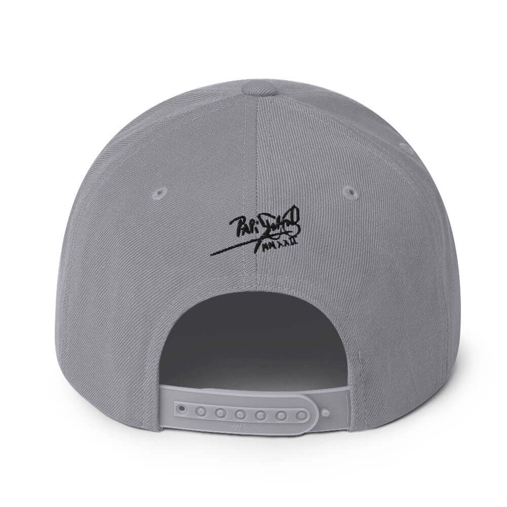 PapiJohn® The Respect Archive Black Signature Edition Snapback in silver back layout tracking the high-profile reinforcement seams and snap closure mechanism | Artist-Led Streetwear