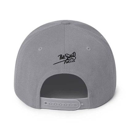 PapiJohn® The Respect Archive Black Signature Edition Snapback in silver back layout tracking the high-profile reinforcement seams and snap closure mechanism | Artist-Led Streetwear