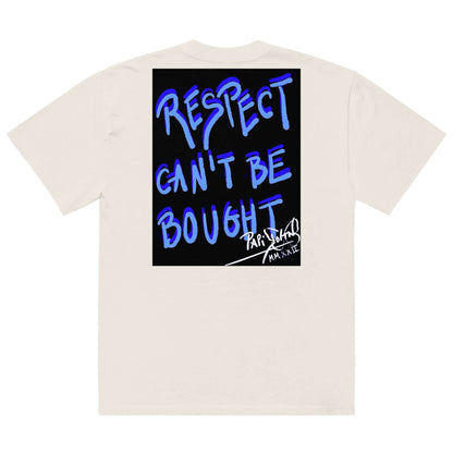 Respect Noir Frame Sentencias 2.0 Piece $arah Free faded bone Street-Couture piece, back view featuring the solid black noir frame with radioactive intensity electric blue graffiti artwork and Respect Cant Be Bought quote | High-End design $arah Free 💎, rebel luxury y honest luxury fashion brand | Papijohn Archive