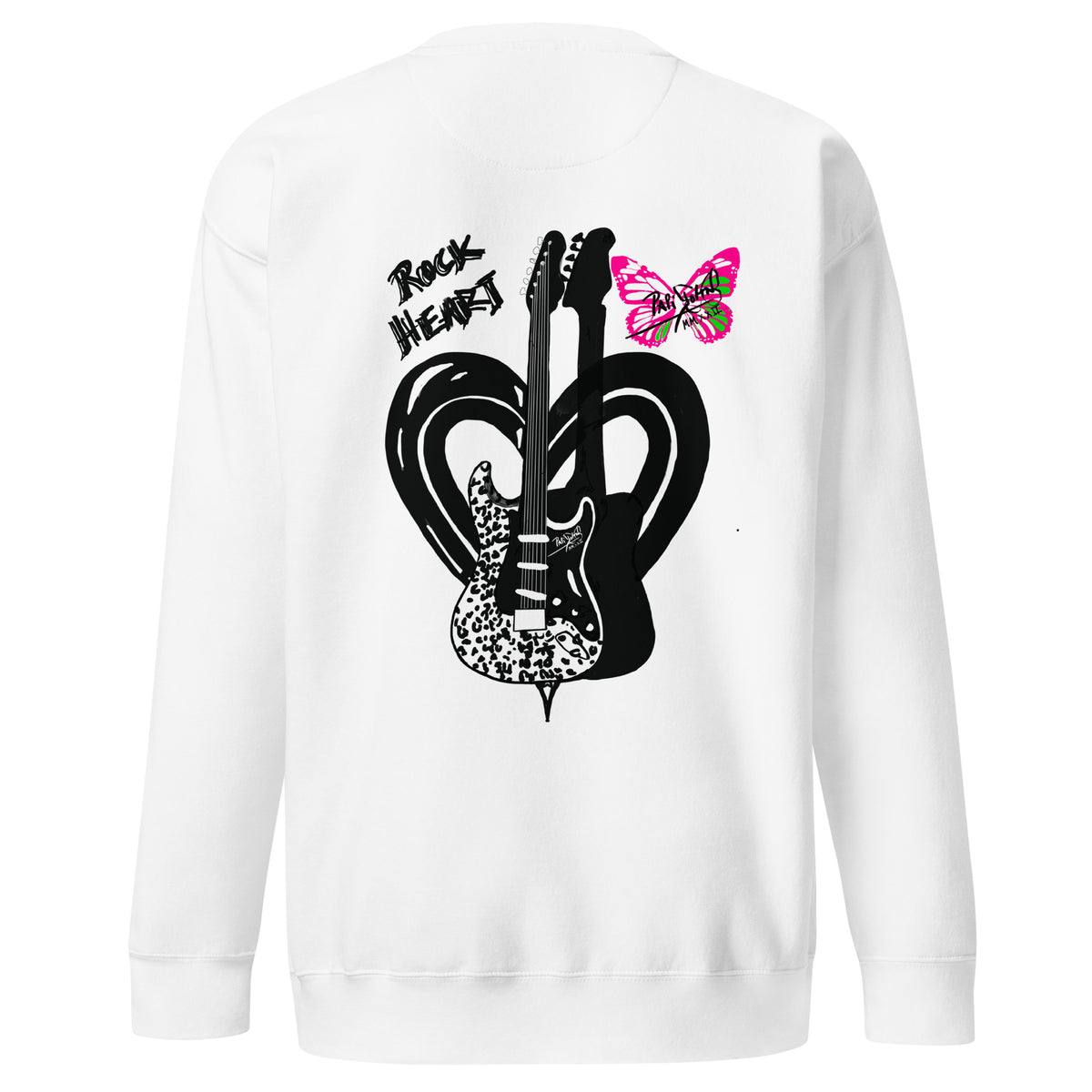Back view of SALA 9 | RockHeart | The Inner Star on White Canvas crewneck and tee by PapiJohn®. Full back graphic artwork with electric rhythm star details by $arah Free 💎 artist-driven. Rebel luxury and honest luxury fashion brand ideado en Cadifornia.