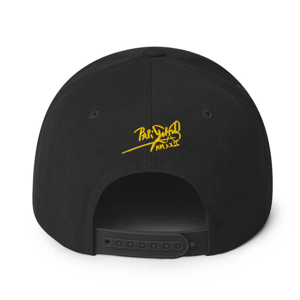 Back view of the SALA 1 | The "Respect" Archive Gold Edition snapback cap by PapiJohn®. Detailed view of the back closure and PapiJohn® Icon Signature embroidery. Artist driven uniform and honest luxury streetwear by $arah Free 💎.