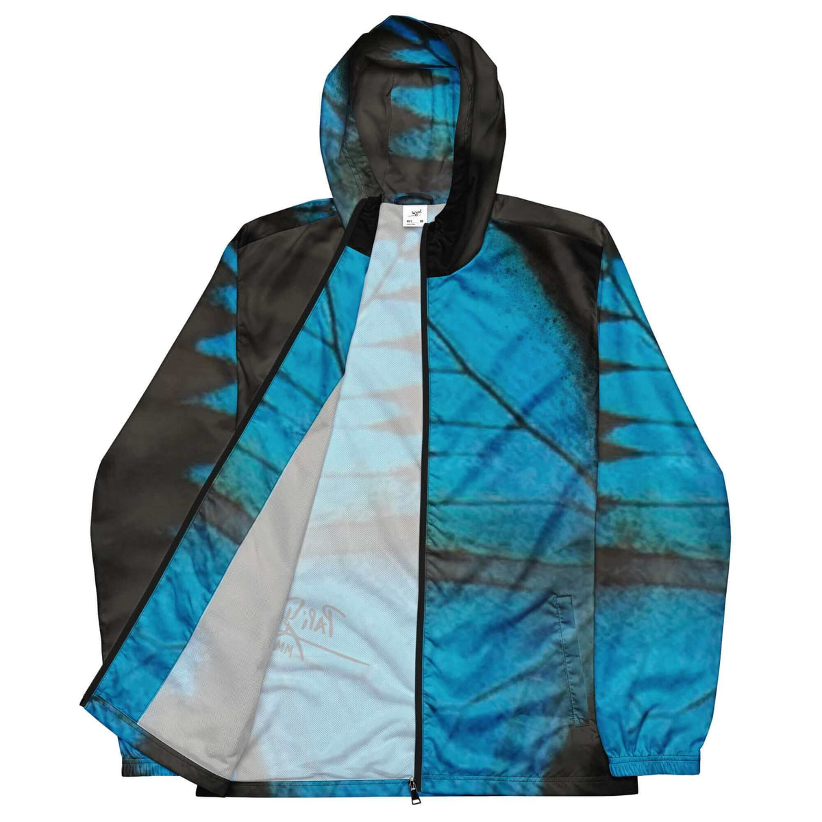 Open front view showing the inner lining, structural fit, and deep blue gradient artwork of the SALA 3 | Attitude Alas Azul Rinascimento Canvas by PapiJohn® worn unzipped. High-end luxury streetwear and wearable art jacket curated in Cadifornia by $arah Free 💎.