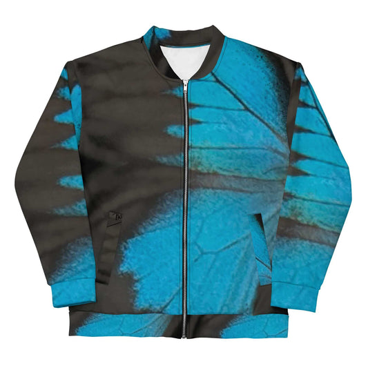 Front view of the SALA 3 | Attitude Alas Blue bomber studio canvas by PapiJohn®. Featuring faded blue monarch butterfly wing vein artwork by $arah Free 💎. High-end streetwear and luxury outerwear de autor curated in Cadifornia.