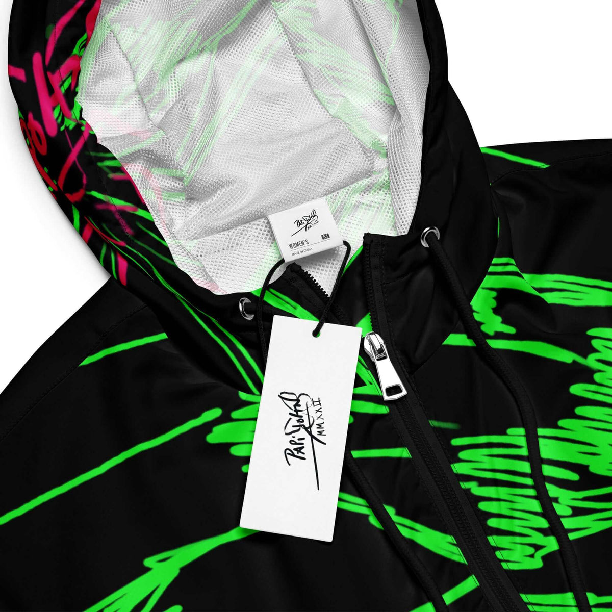Close-up detail view highlighting the raw green ballpoint pen linework texture, vibrant neon fuchsia signatures, and custom brand tagging on the SALA 3 | Attitude Alas Boli Verde Rinascimento Canvas by $arah Free 💎. Honest luxury streetwear curated in Cadifornia.
