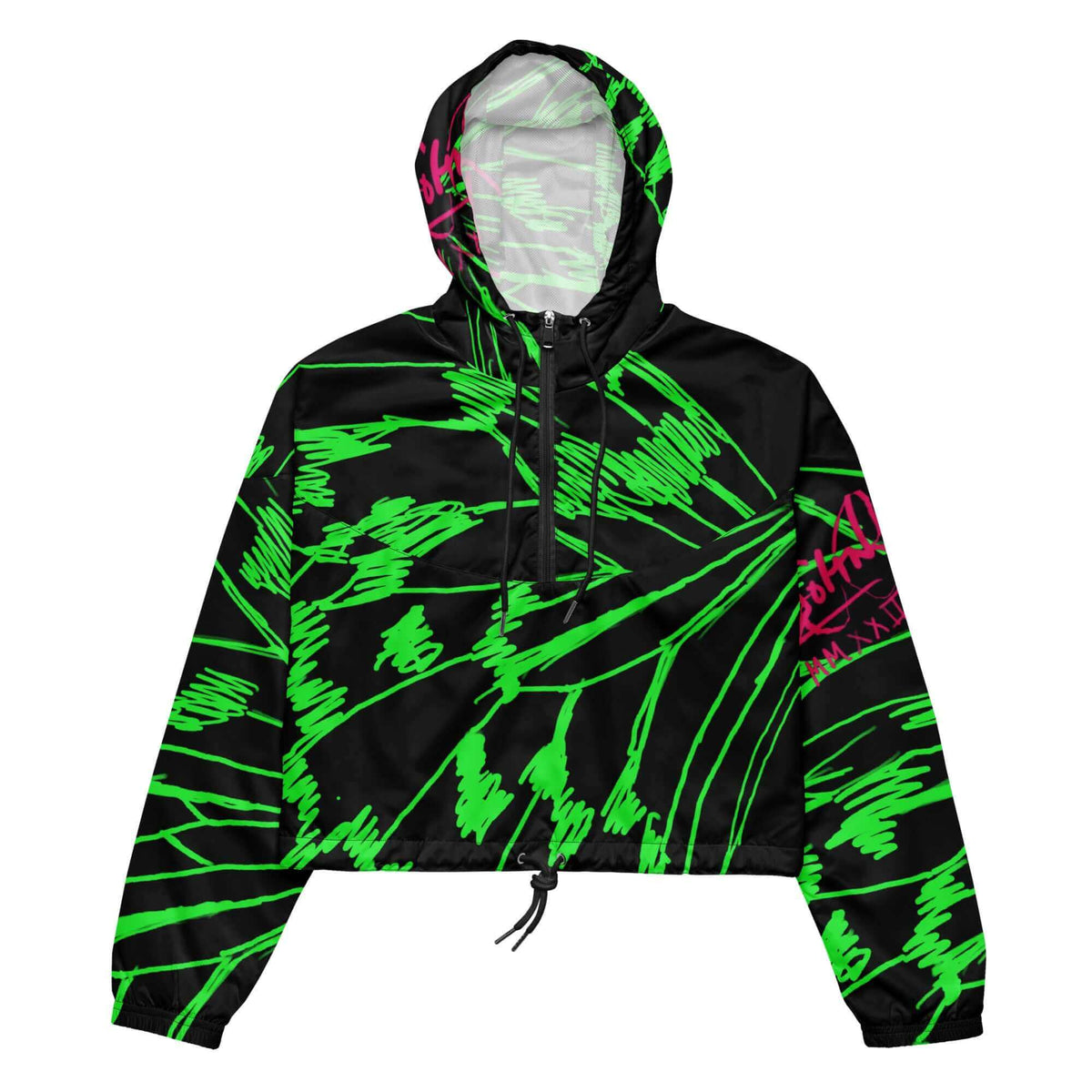 Front view of the SALA 3 | Attitude Alas Boli Verde Rinascimento Canvas by PapiJohn®. Featuring analog green ballpoint pen sketch artwork with high-voltage neon fuchsia signature accents on a structured cropped canvas silhouette by $arah Free 💎. High-end luxury streetwear de autor curated in Cadifornia.