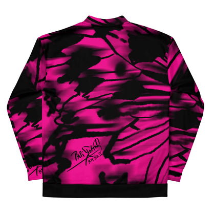 Back view showing the asymmetric ink run spray effect and full macro butterfly wing graphic on the SALA 3 | Attitude Alas Graff Pink bomber studio jacket by PapiJohn®. Gallery archive piece, honest luxury statement coat, and wearable art curated in Cadifornia by $arah Free 💎.