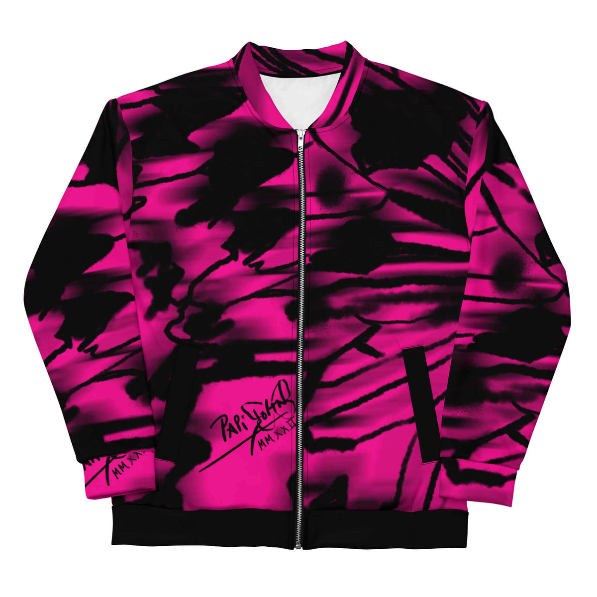 Front view of the SALA 3 | Attitude Alas Graff Pink bomber studio jacket by PapiJohn®. Featuring vibrant magenta pink canvas with macro butterfly wing graffiti artwork by $arah Free 💎. High-end streetwear and luxury outerwear de autor curated in Cadifornia.