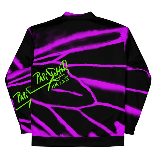 Back view showing the structured fit and analog faded purple butterfly wing graffiti details on the SALA 3 | Attitude Alas Graff Purple bomber studio jacket by PapiJohn®. Gallery archive piece, honest luxury statement coat, and wearable art curated in Cadifornia by $arah Free 💎.