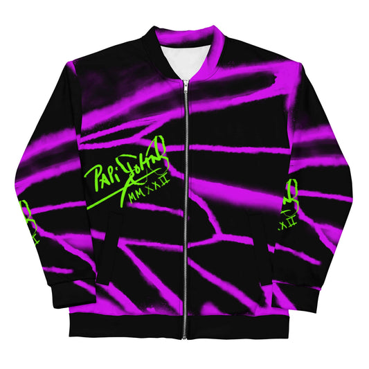 Front view of the SALA 3 | Attitude Alas Graff Purple bomber studio jacket by PapiJohn®. Featuring high-intensity purple gradient monarch butterfly wing graffiti artwork starting from the left side by $arah Free 💎. High-end streetwear and luxury outerwear de autor curated in Cadifornia.