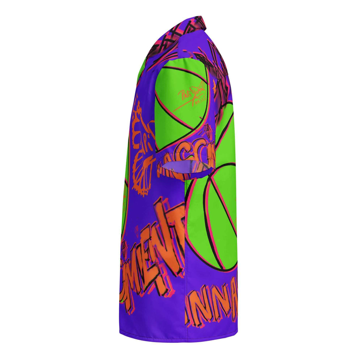 Side profile view showing the left side and sleeve of the SALA 3 | Attitude Basket Surf Shirt by PapiJohn®. Highlighting the streetball artwork details on eco canvas by $arah Free 💎.Artist driven streetwear.
