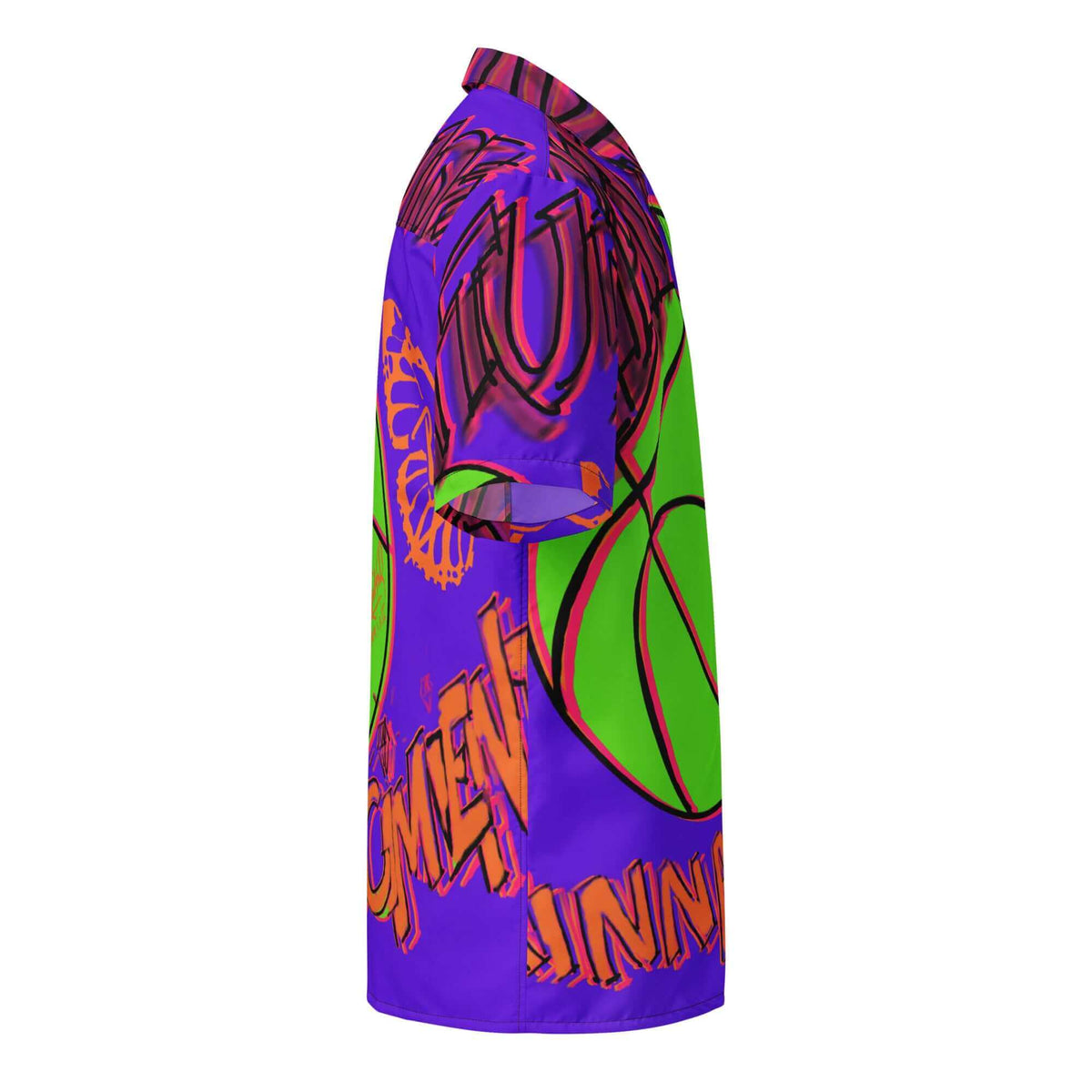 Side profile view showing the right side and sleeve of the SALA 3 | Attitude Basket Surf Shirt by PapiJohn®. Showcasing the seamless all-over 90s street culture print by $arah Free 💎. Artist driven streetwear fashion.