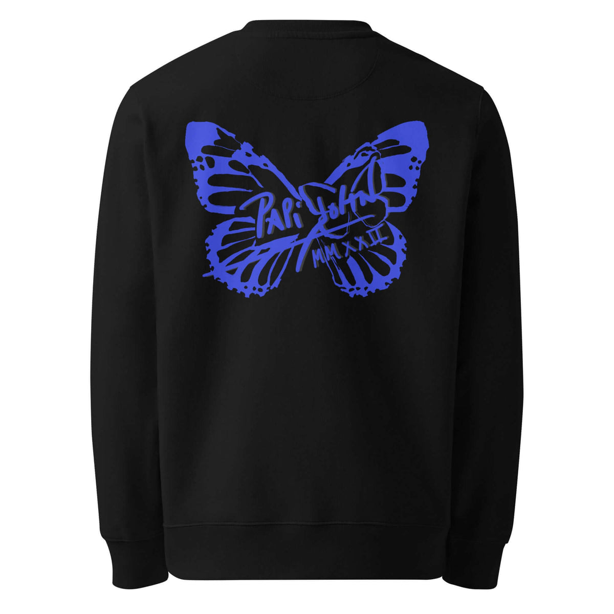 Back view showing the relaxed drape and deep black eco-cotton canvas of the SALA 3 | Attitude Blue Firm Eco Crew by PapiJohn®. Gallery archive piece, honest luxury apparel, and wearable art curated in Cadifornia by $arah Free 💎.