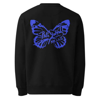 Back view showing the relaxed drape and deep black eco-cotton canvas of the SALA 3 | Attitude Blue Firm Eco Crew by PapiJohn®. Gallery archive piece, honest luxury apparel, and wearable art curated in Cadifornia by $arah Free 💎.